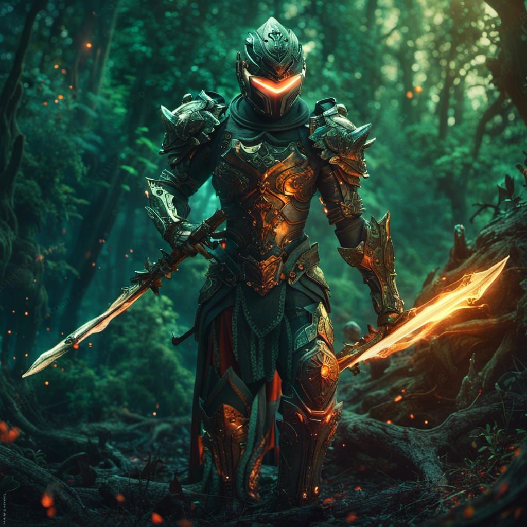Futuristic Warrior in Bronze Armor with Crystal Sword