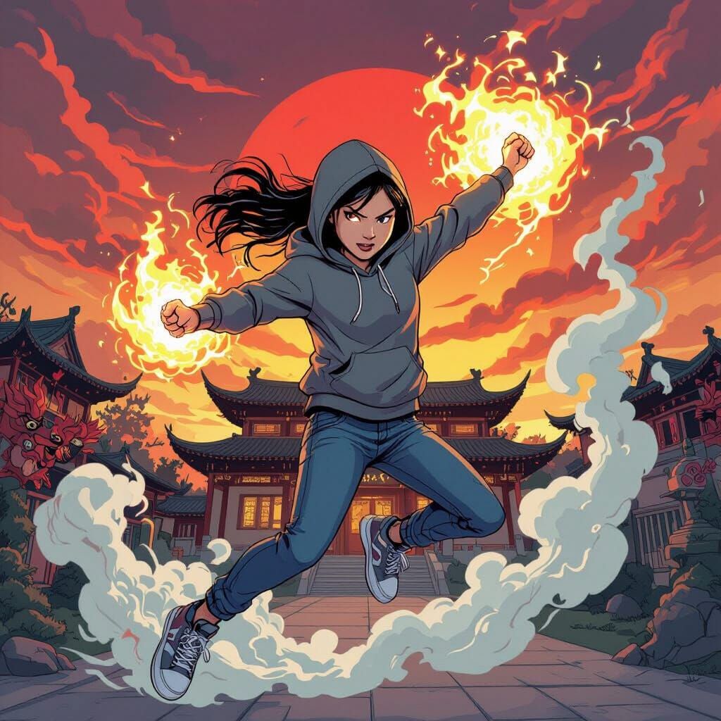 Energetic Teen Superhero with Fire Demons, Comic Book Style