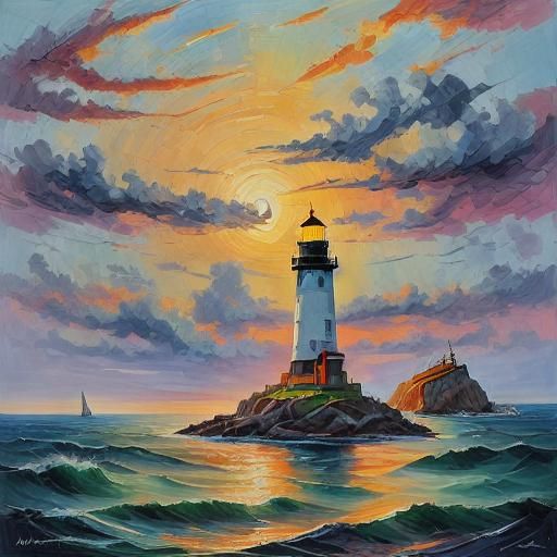 Island Lighthouse with Whale in Impasto Style