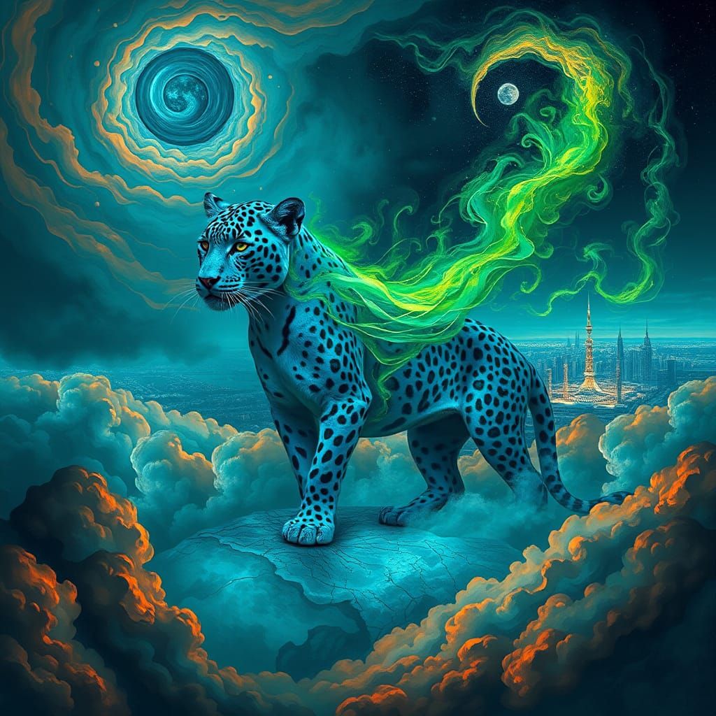 Cosmic Blue Leopard with Green Fire: Surreal Dreamscape
