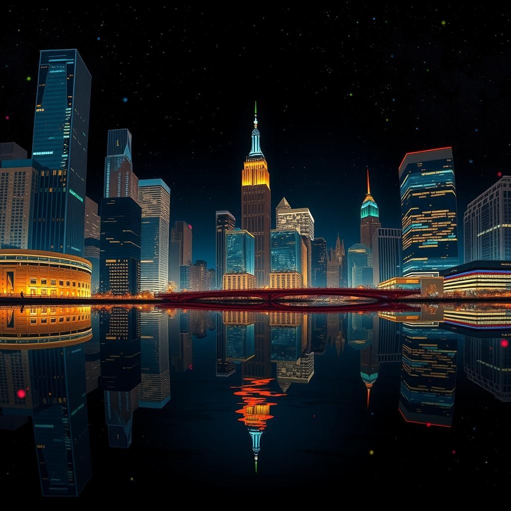New York Skyline Reflected: Bioluminescent Cyberpunk Citysca...