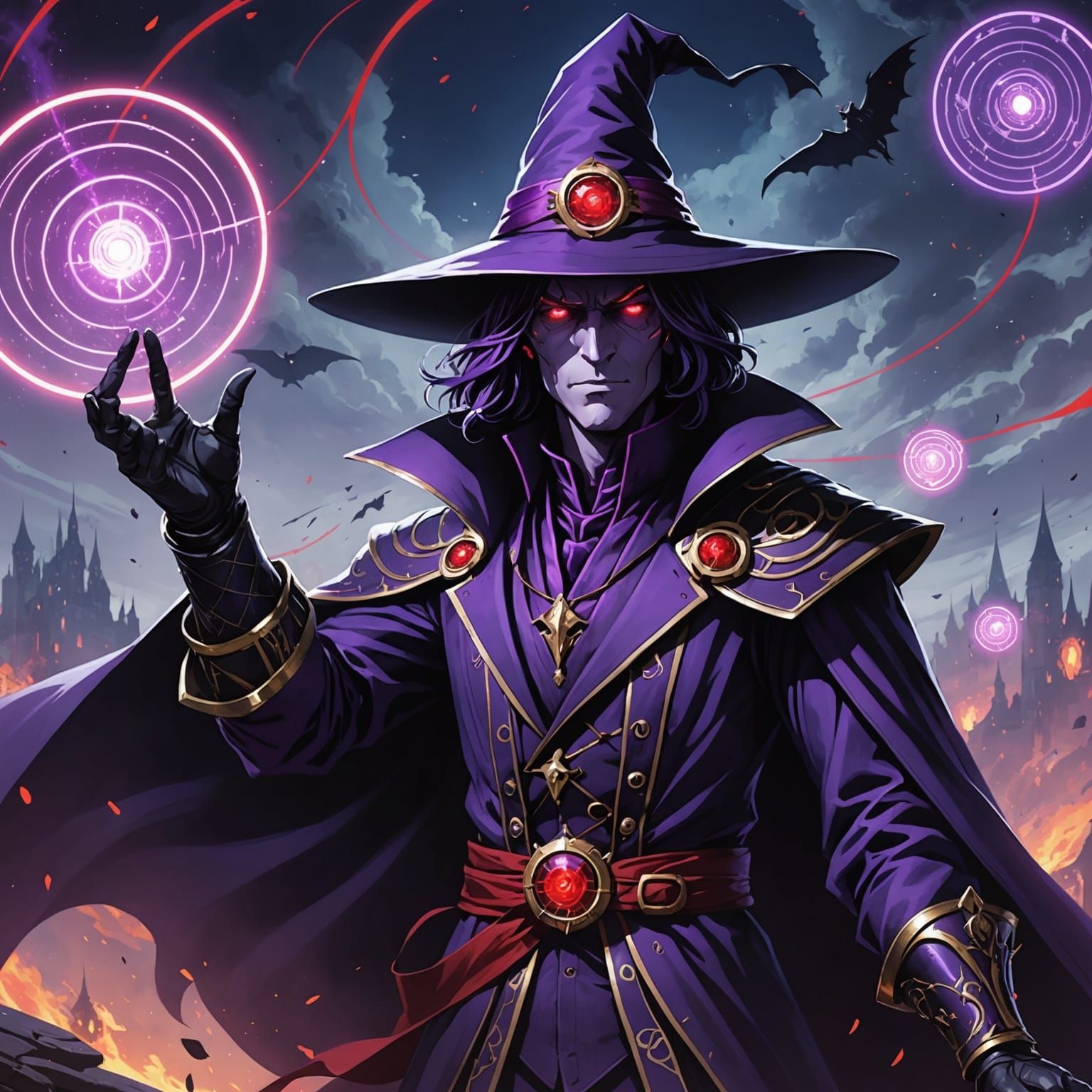Purple Warlock with Magic Circles in Anime Style