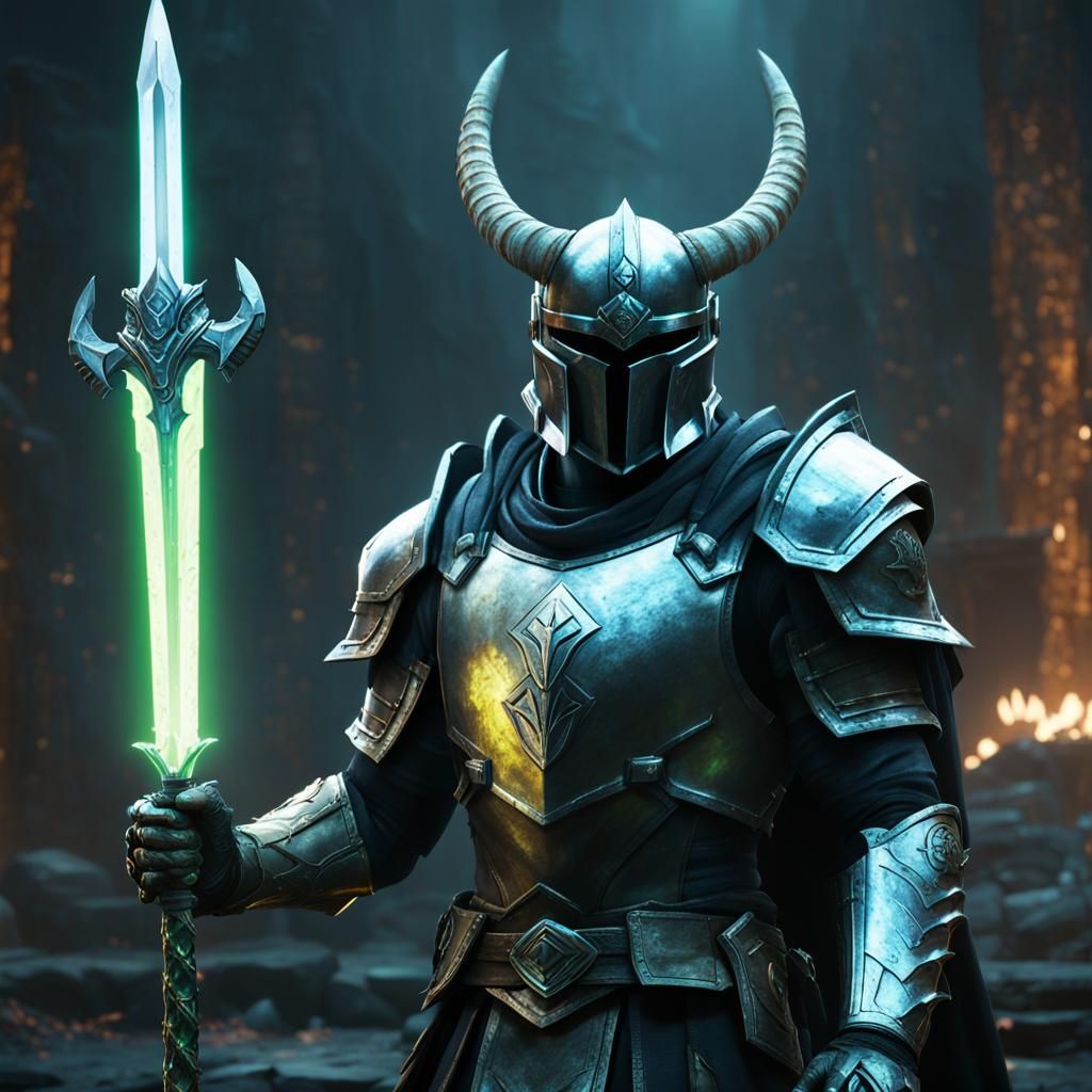 Armored Warrior with Glowing Sword and Blue Glow