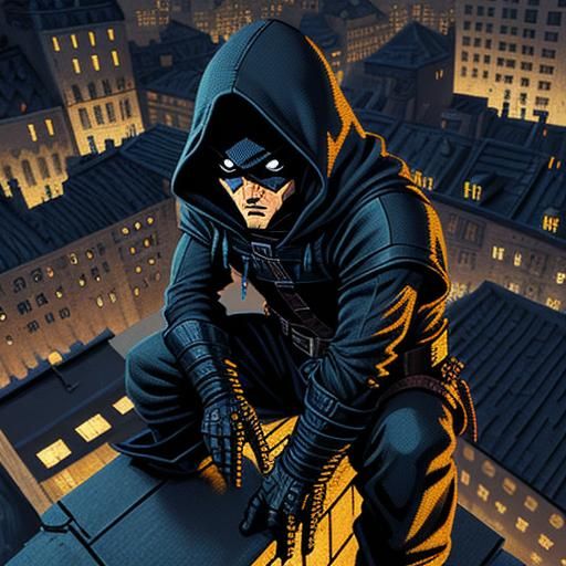 Pixel art character: a hooded assassin perched atop a city w...