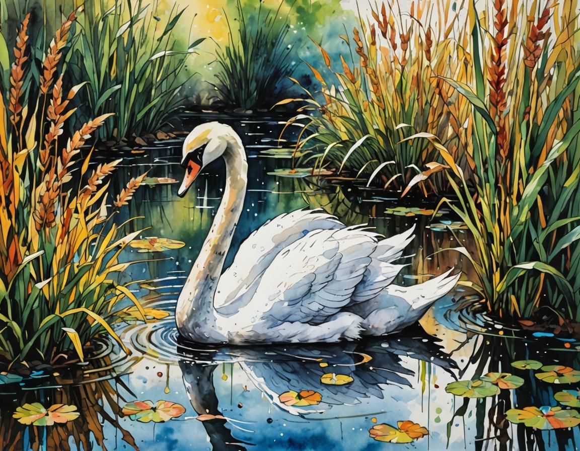 Swan Among Reeds: Multicolor Ink Drawing