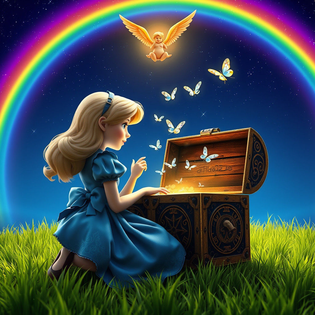 Alice, Treasure Chest, and Angel in Dreamlike 3D