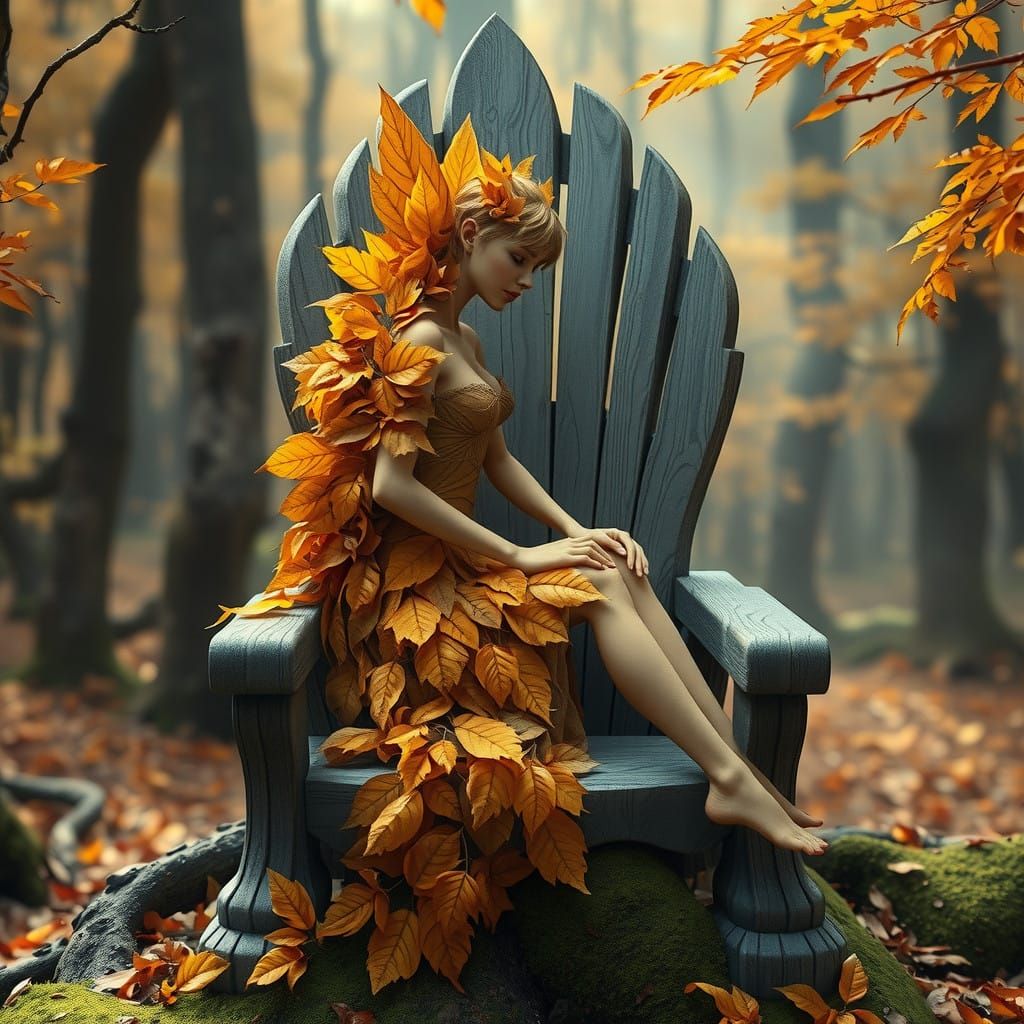 Ethereal Autumn Elf with Intricate Leaf Cloak, Seated on Wor...