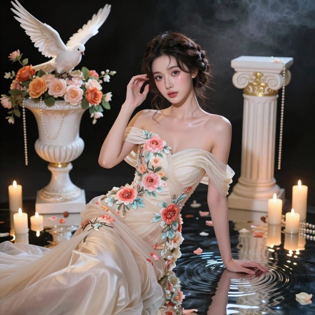 Stunning Woman Portrait in Silk Gown with Floral Embroidery