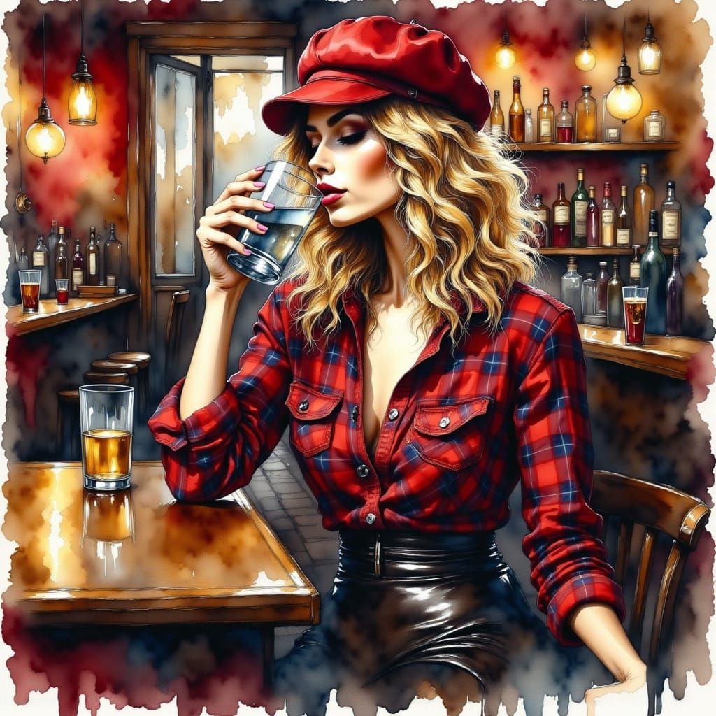 Woman in Red Beret in Moody Bar, Liquid Ink Style