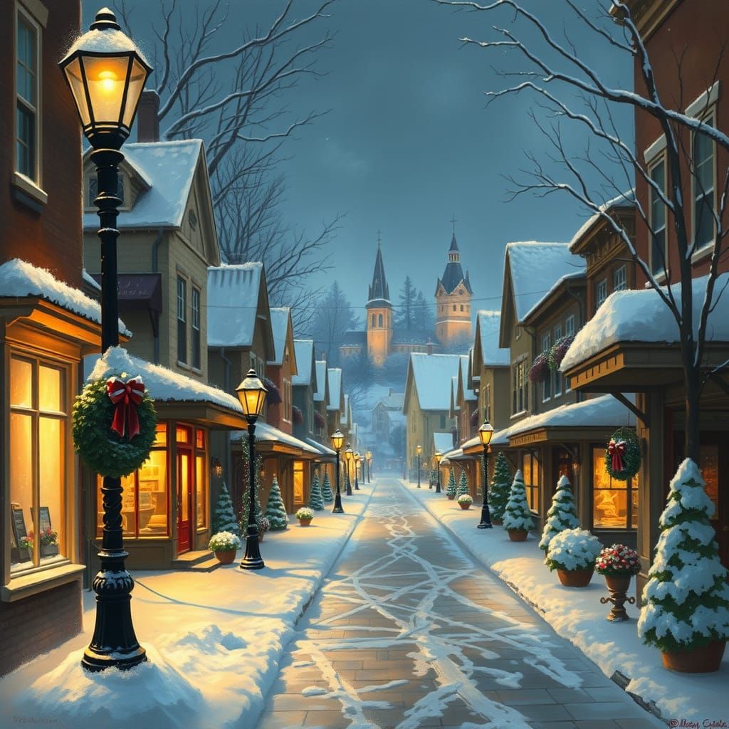 Charming Snow-Covered Street Scene in Luminist Style