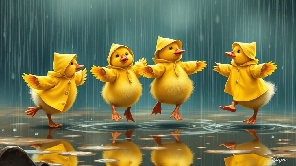 Ducklings Waltzing in the Rain, Fairytale Art