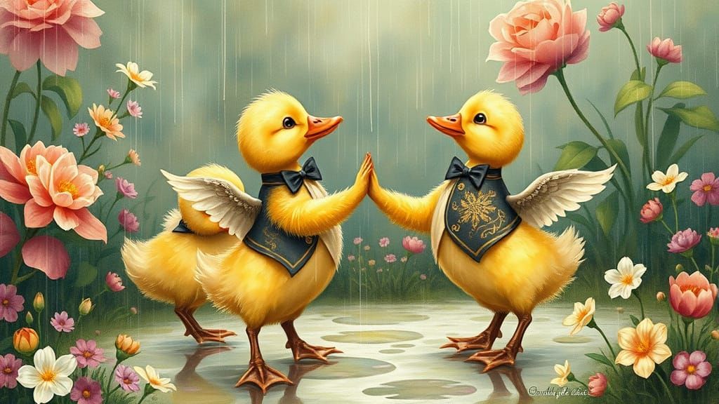 Ducklings Waltzing in a Rainy Garden