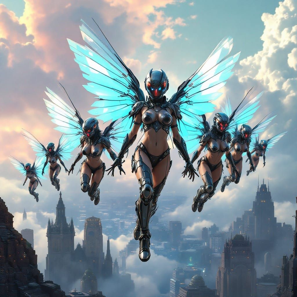 Cyborg Squad in Metallic Bikinis Fly Over City