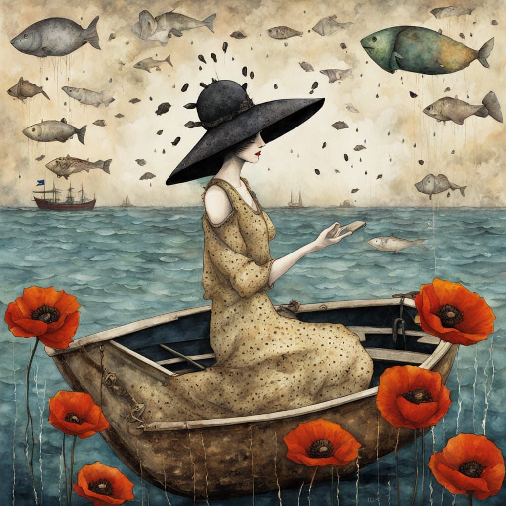 Surreal Ocean Lady with Whimsical Watercolor Details