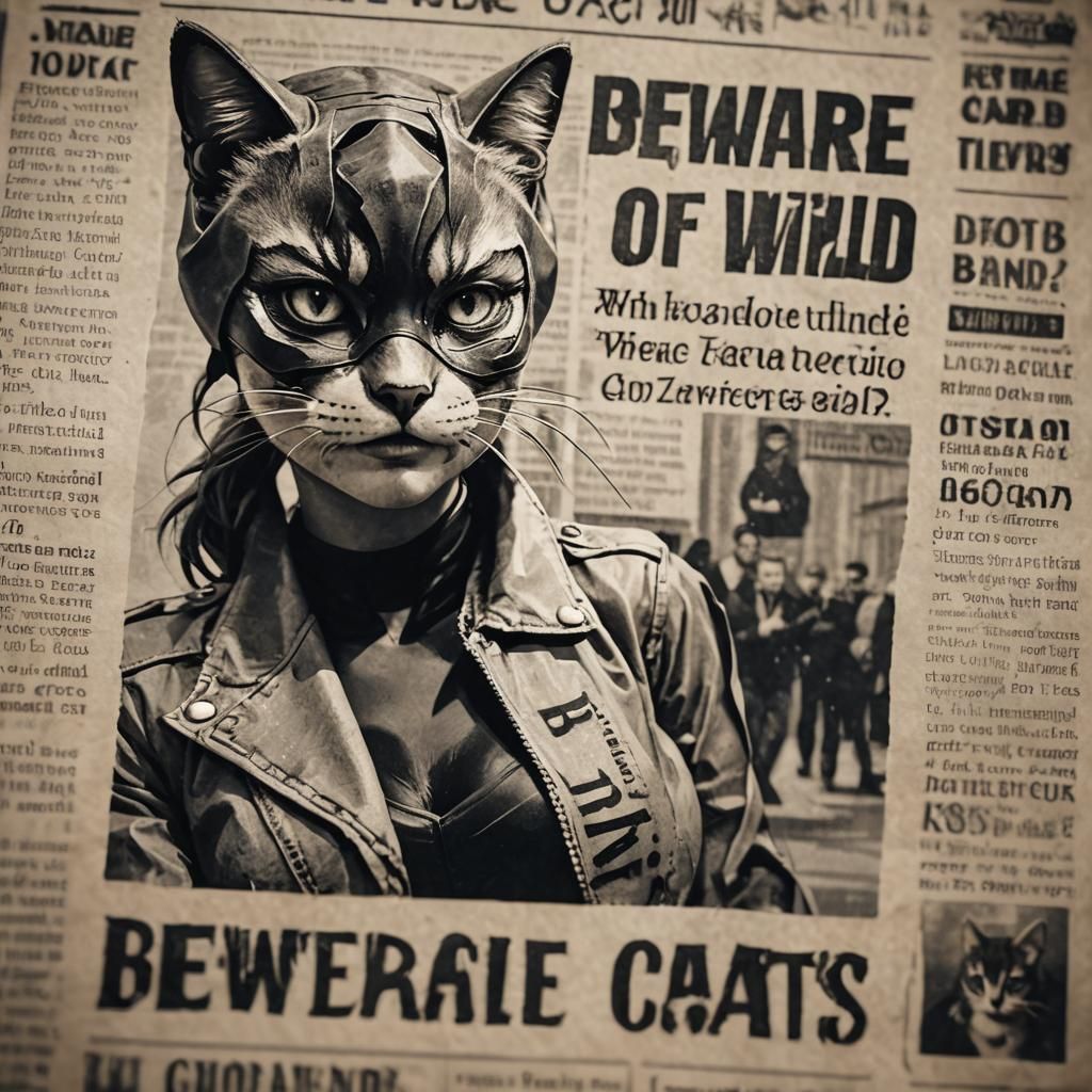 Cat Woman Newspaper Illustration with Warning