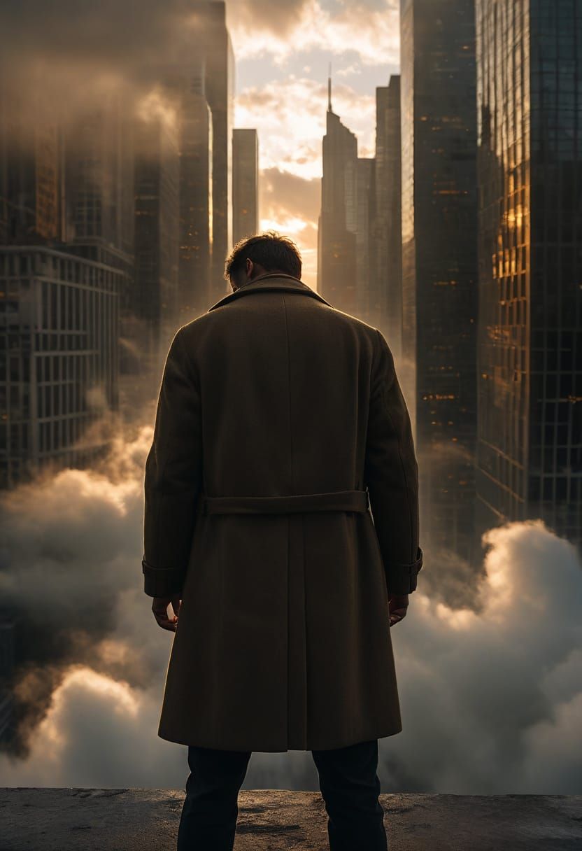 Man on Skyscraper at Sunset in Hyper-Realistic Style