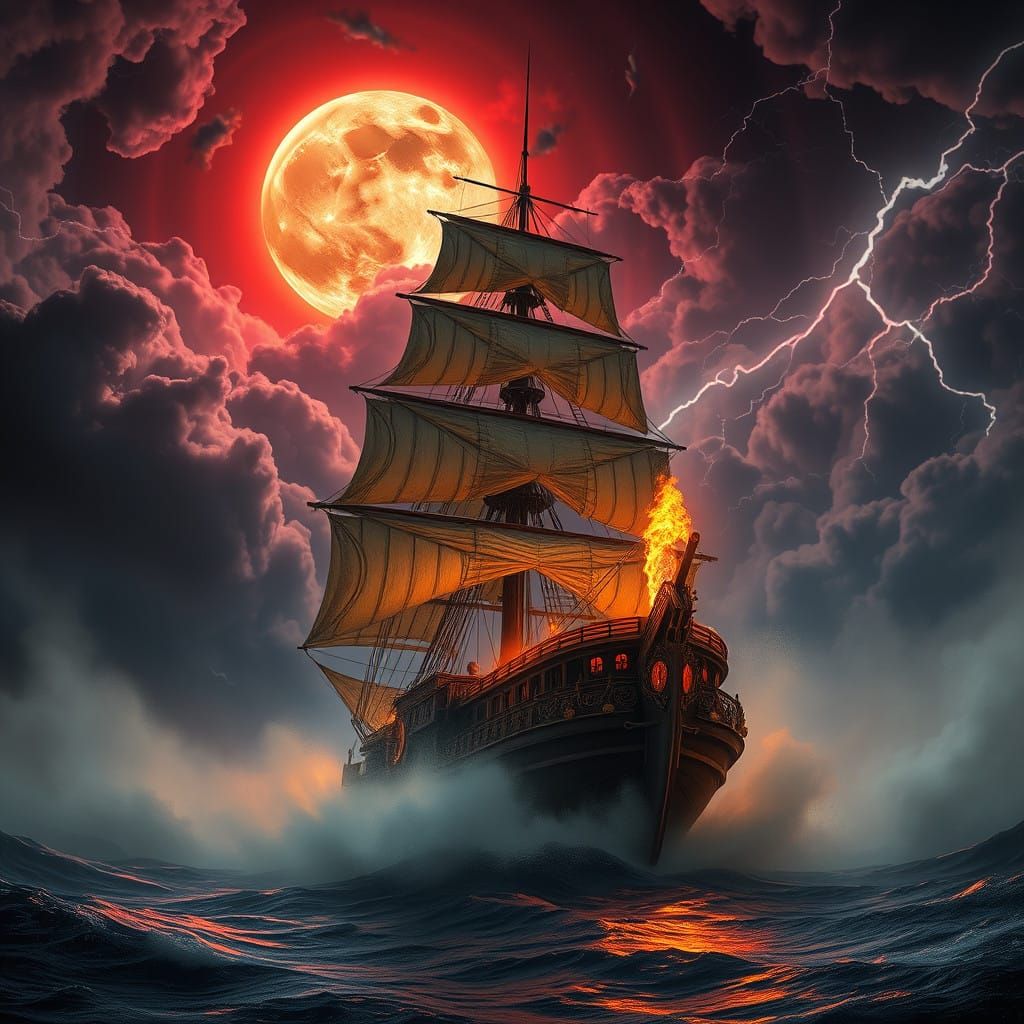 Ghostly Sailboat Emerges from Ethereal Mist, with Bloody Moo...