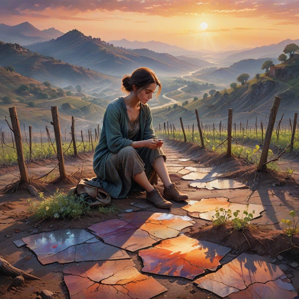 An abandoned vineyard at dawn overlooks a misty valley where...