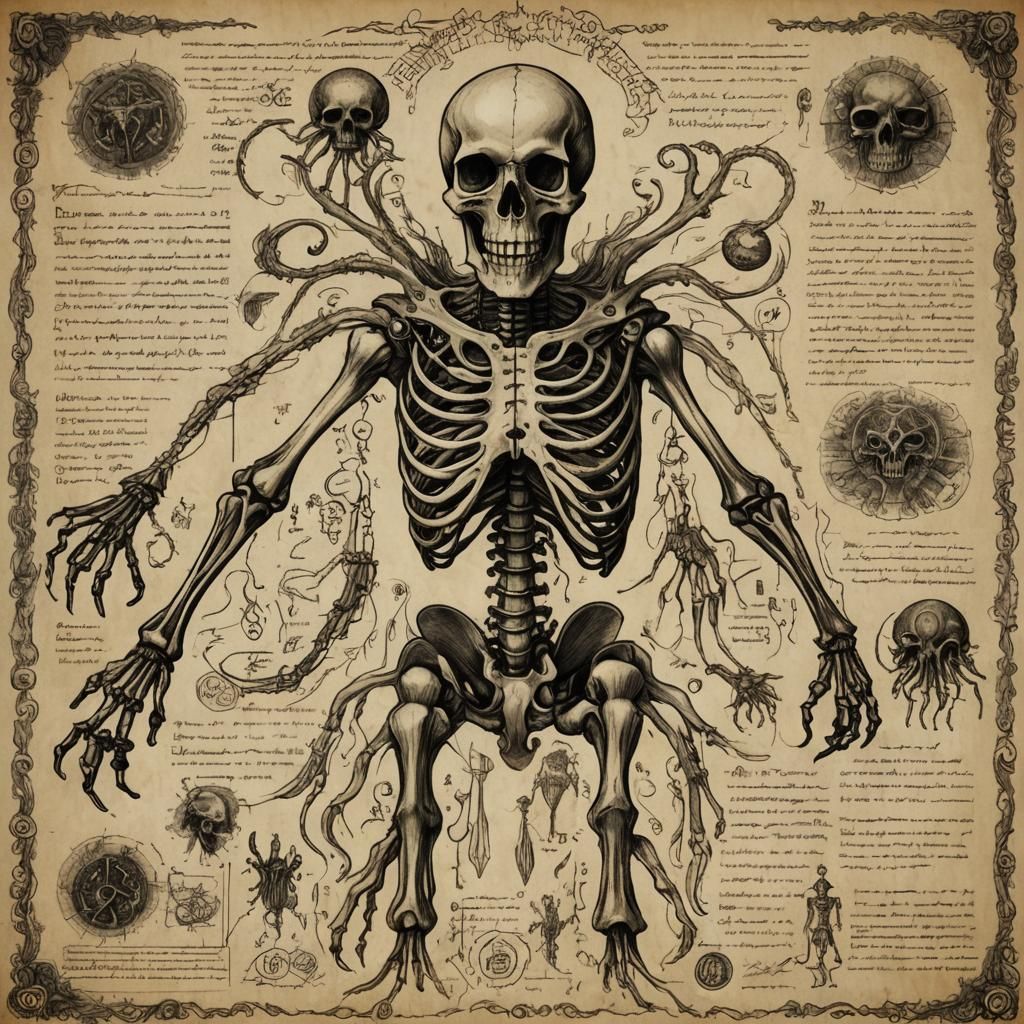 Lovecraftian Mutant Skeleton Anatomical Drawing