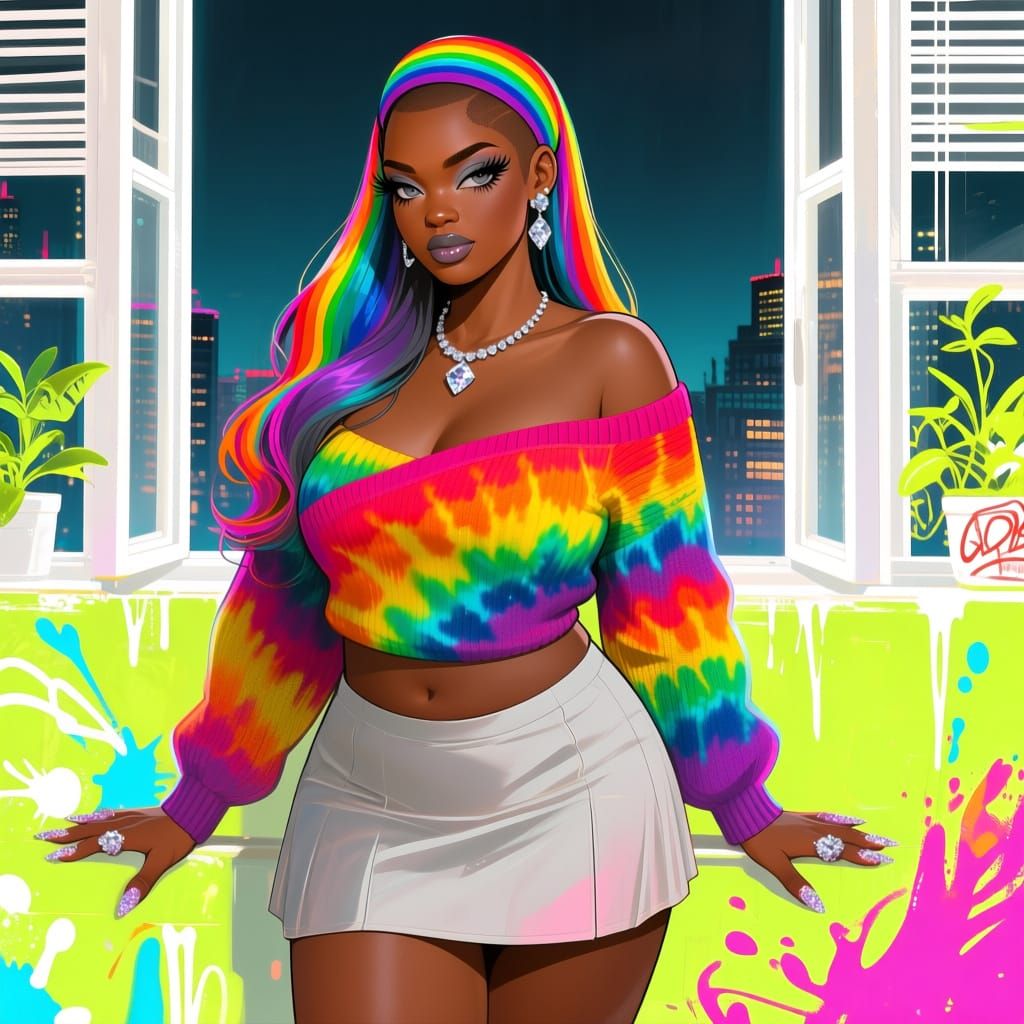 African American Woman with Rainbow Hair in Cityscape