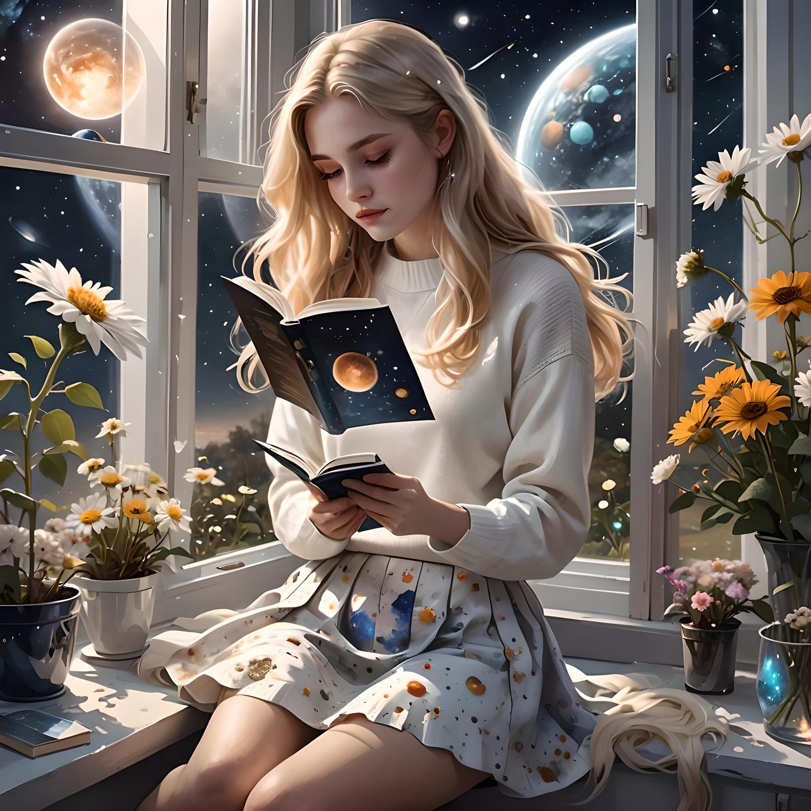 Girl Reading Book with Sci-Fi View
