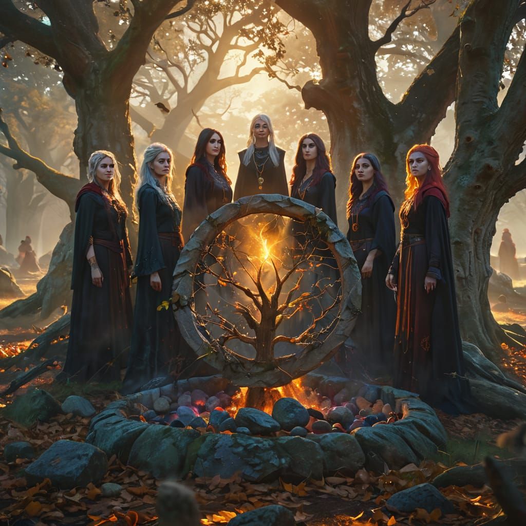 Modern Witches Gather in Stone Circle at Golden Hour