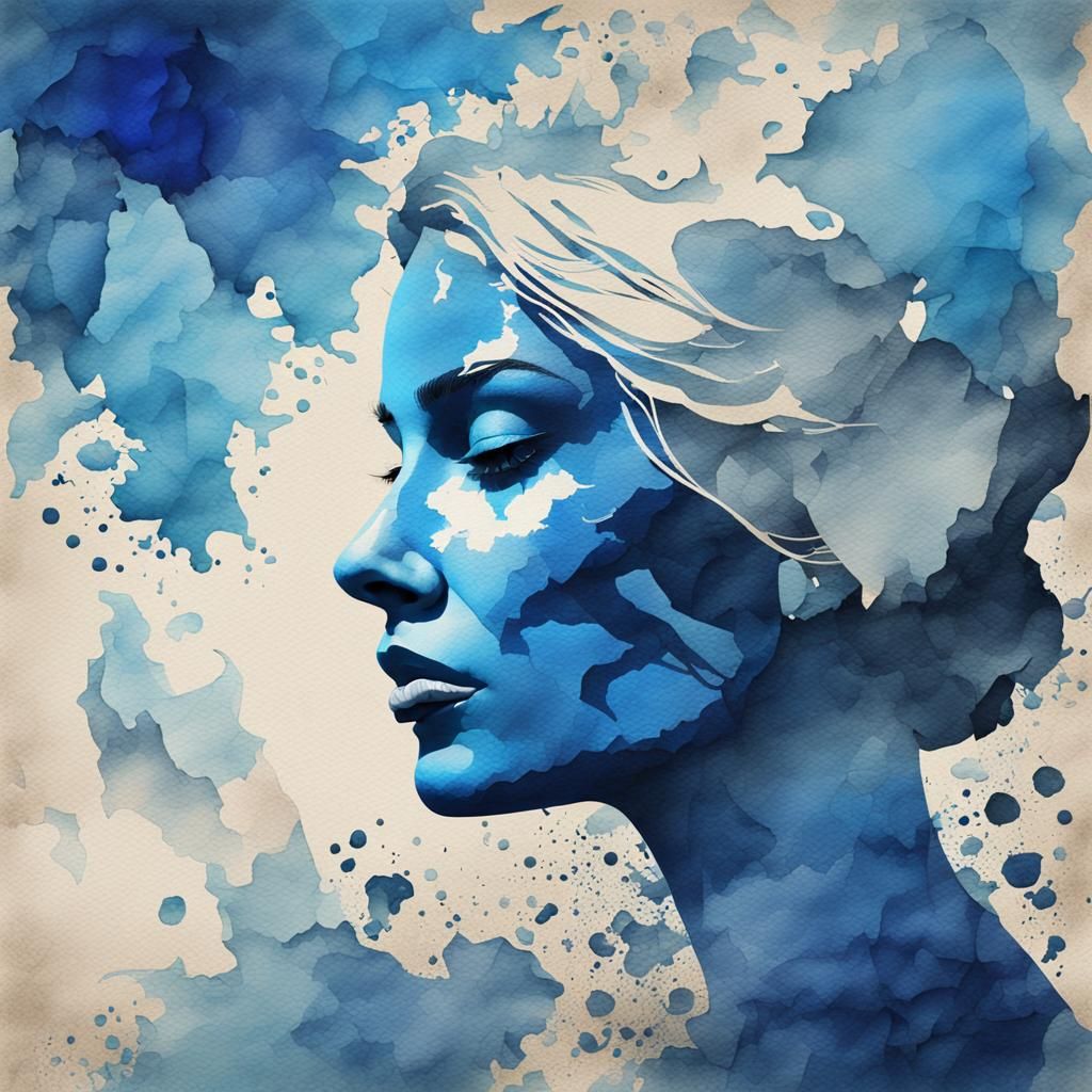 Blue Silhouette Woman's Face Watercolor Painting