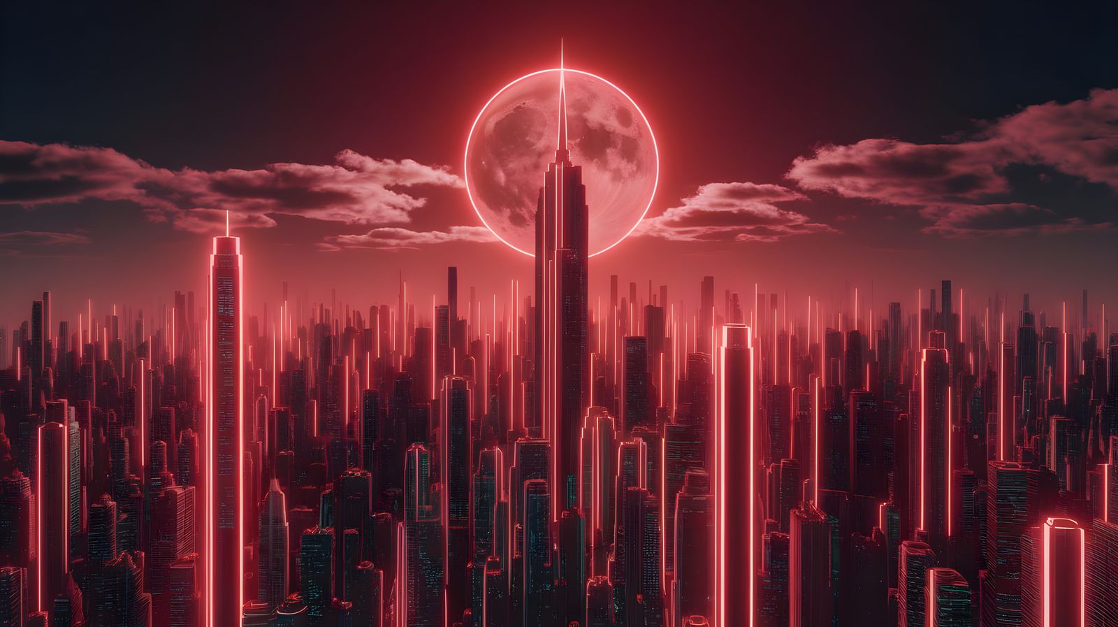 Neon Cityscape Under Full Moon in Cyberpunk Style