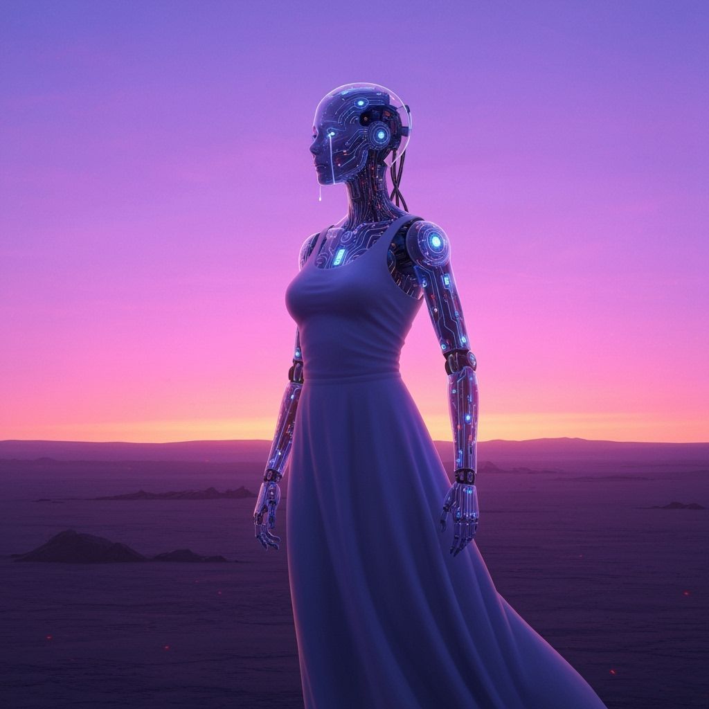 Robot Silhouette at Sunset on Alien Planet