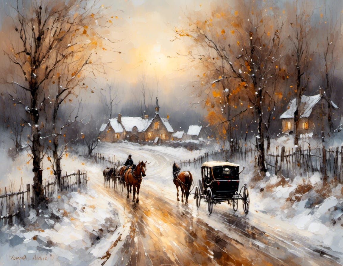 Winter Landscape with Horse and Carriage as Impasto Painting