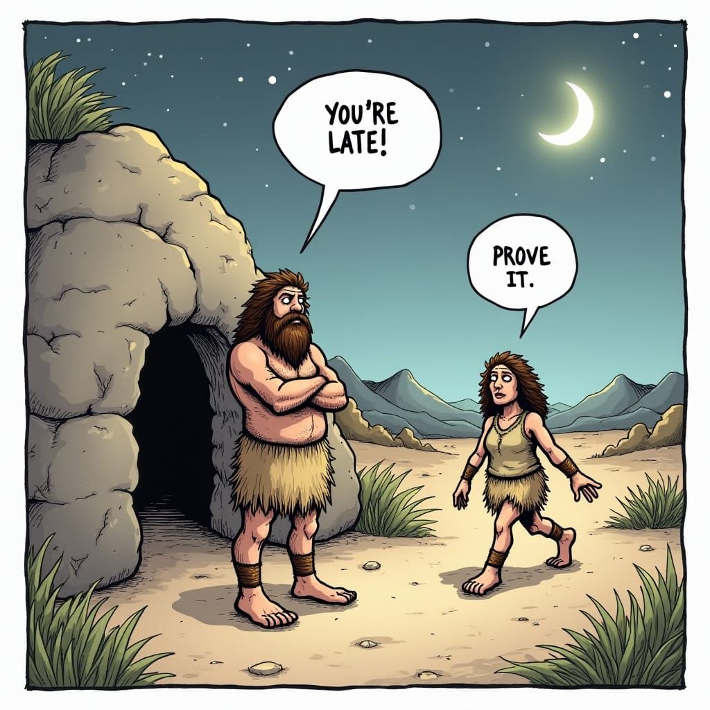 Humorous Prehistoric Comic Scene with Cave Dwellers