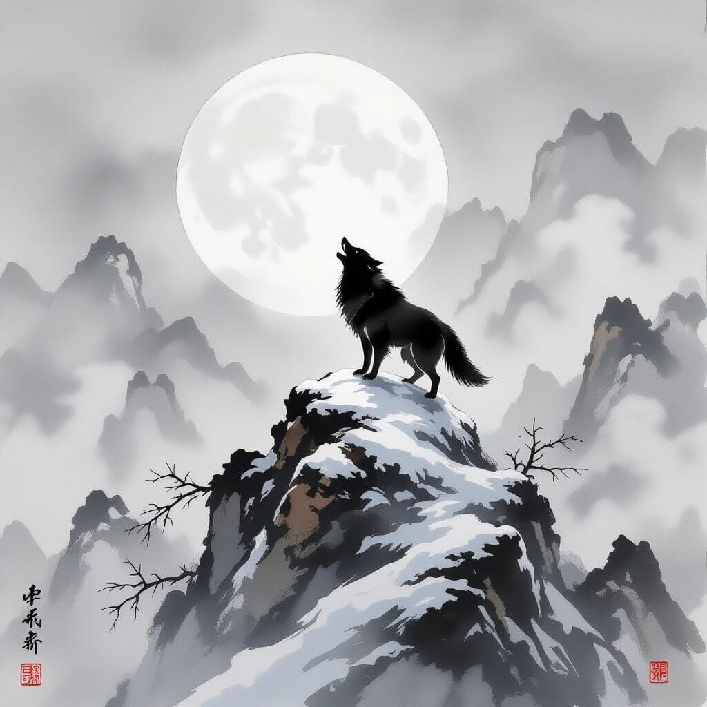 Lone Wolf Howling: Chinese Ink Wash Painting