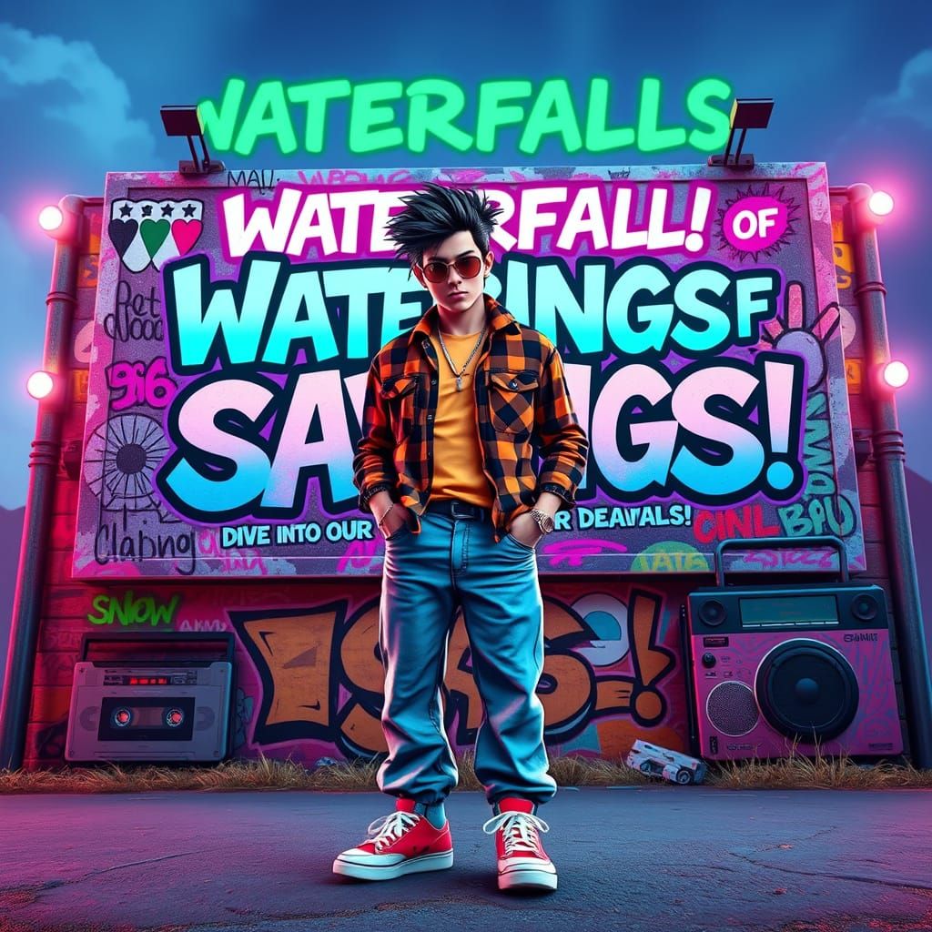 Retro 90s Pop Star Billboard Art in Grunge Neon Style