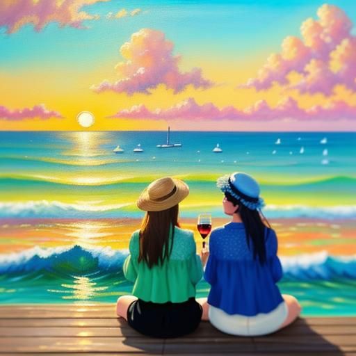 Seaside Sisters Sipping Sangria: An Impressionist Painting