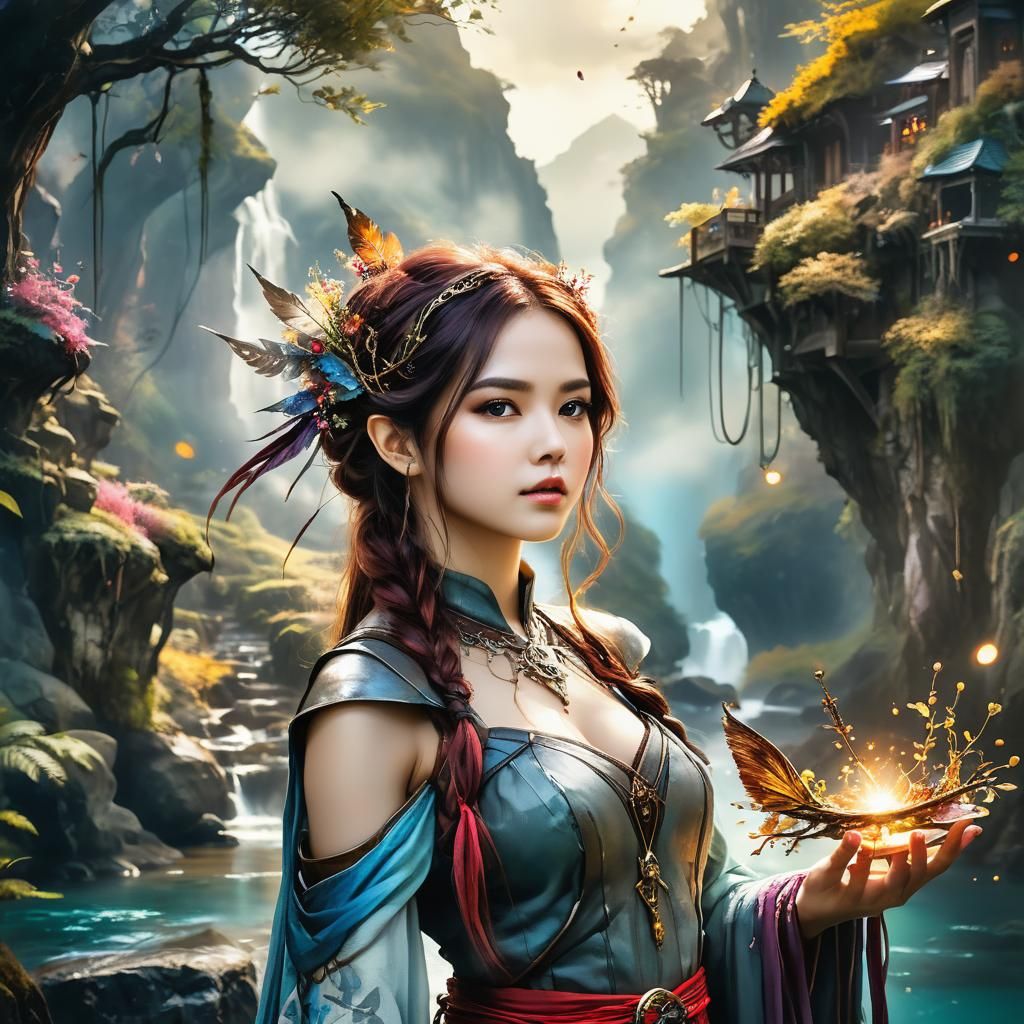 Fantasycore Landscape with Arcane Magic in Watercolor Style