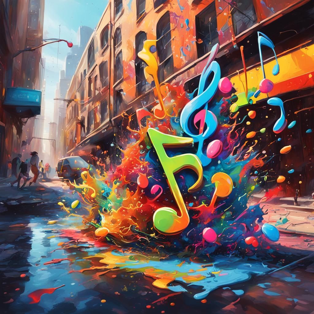 Colorful Music Notes in Vibrant City: Graffiti Art