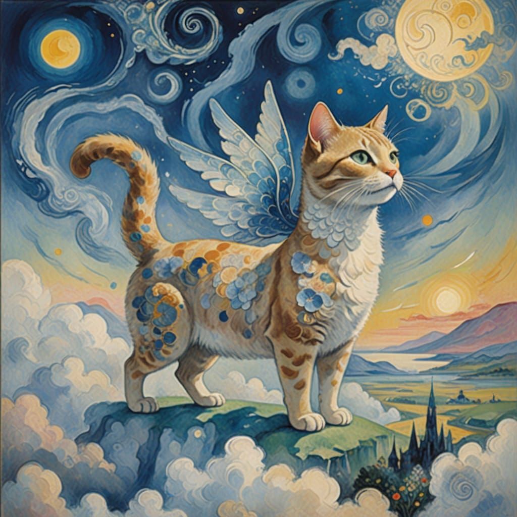 Dreamy Cloud Cat with Angel Wings in Serene Pastel Skies