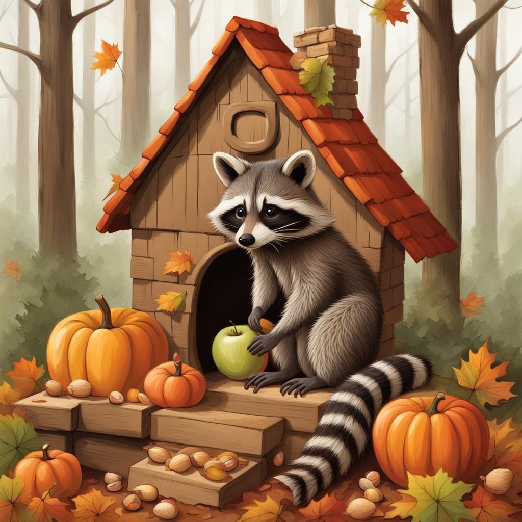 Raccoon Builds Autumn House in the Woods