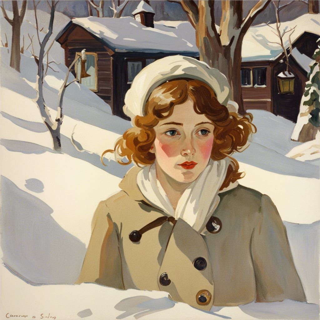 Girl in Snowdrift: Early 20th Century Gouache Portrait