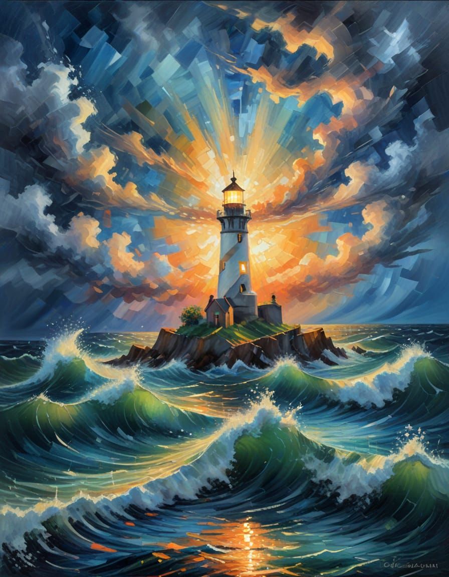 Lone Lighthouse in Stormy Oceanscape