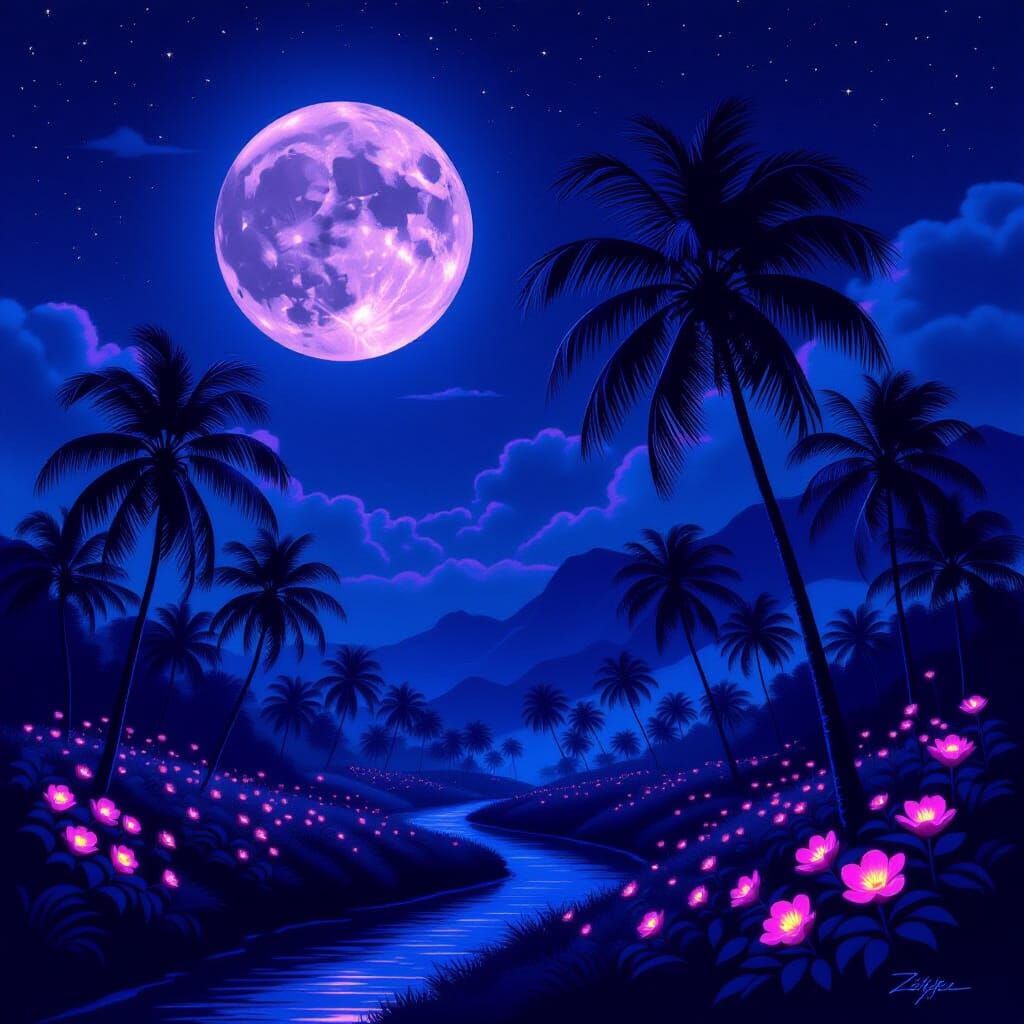 Luminous Purple Moon Over Serene Steamscape