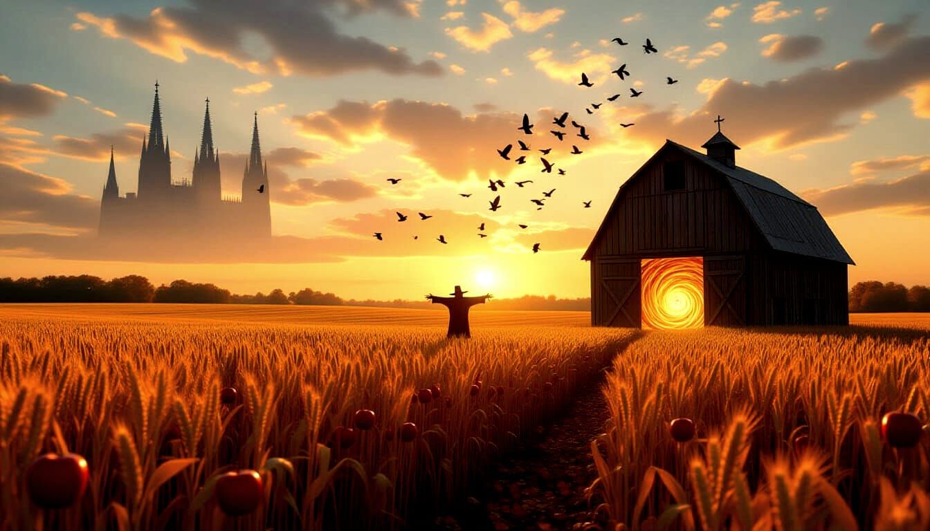 Surreal Autumn Field with Mirrored Apples and Vortex