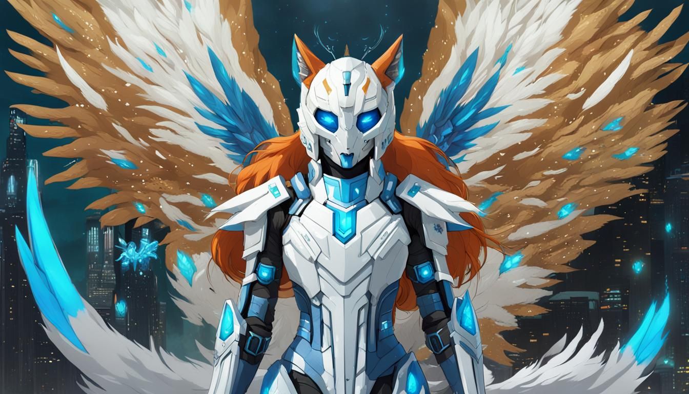 Cyberpunk Kitsune: Armored Ginger Warrior with Wings