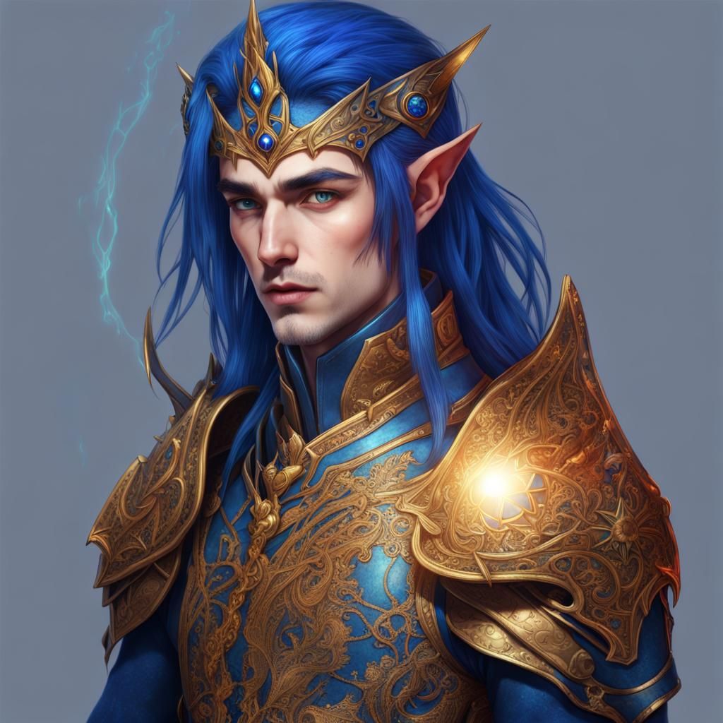 ariel view of a anime elf lord long royal blue hair straight...