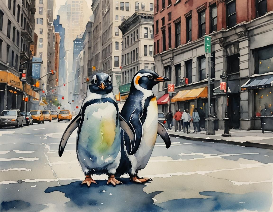 Penguin's Urban Adventure in Watercolor Style