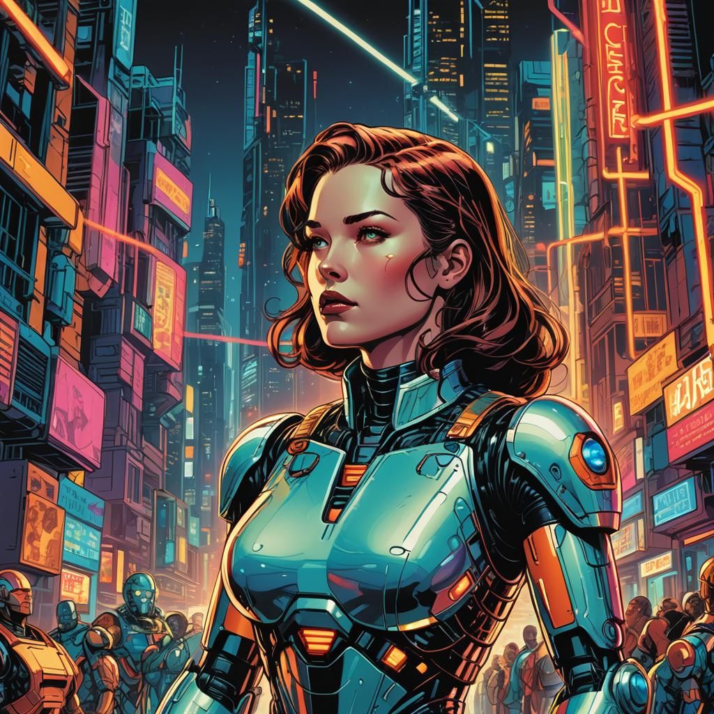 Retro Sci-Fi Android in Comic Book Art Style