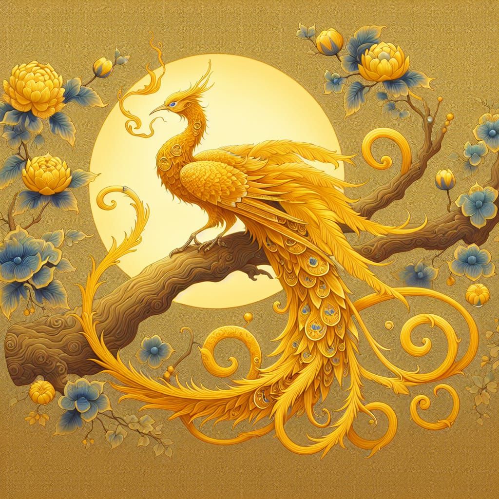 Ornate Mythical Bird in Yellow Hues