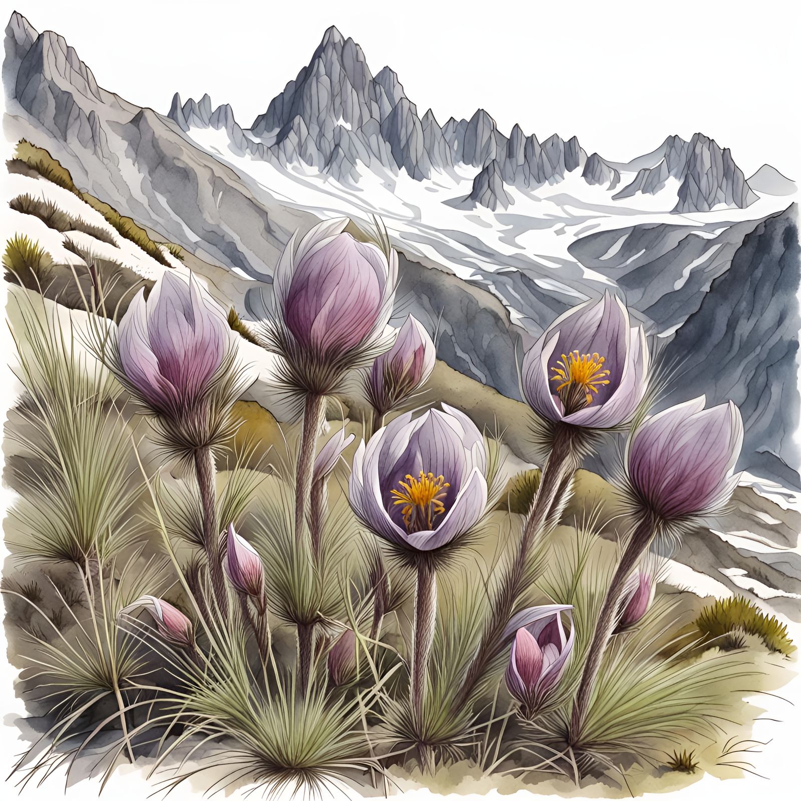Detailed Alpine Pulsatilla Flowers in Gouache Style