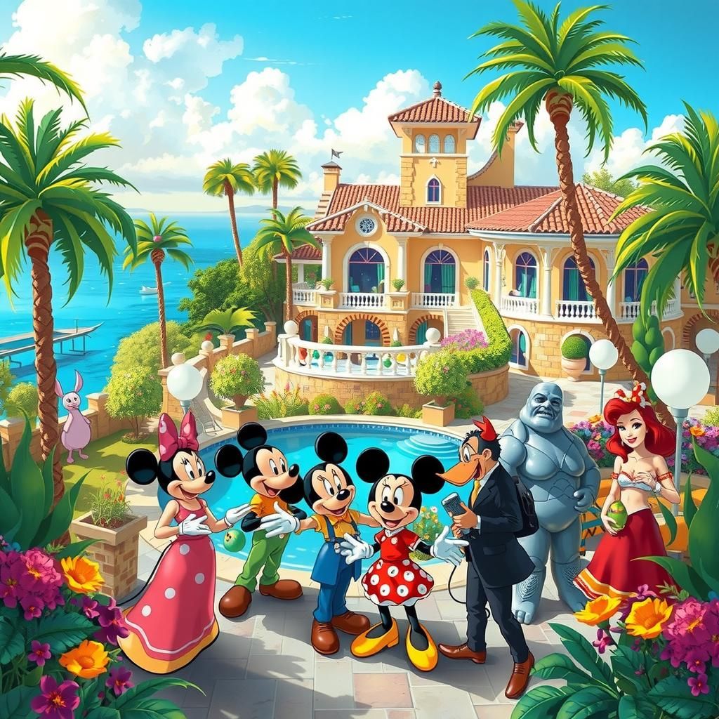 Disney Characters Playfully Tossing Each Other in Villa Pool