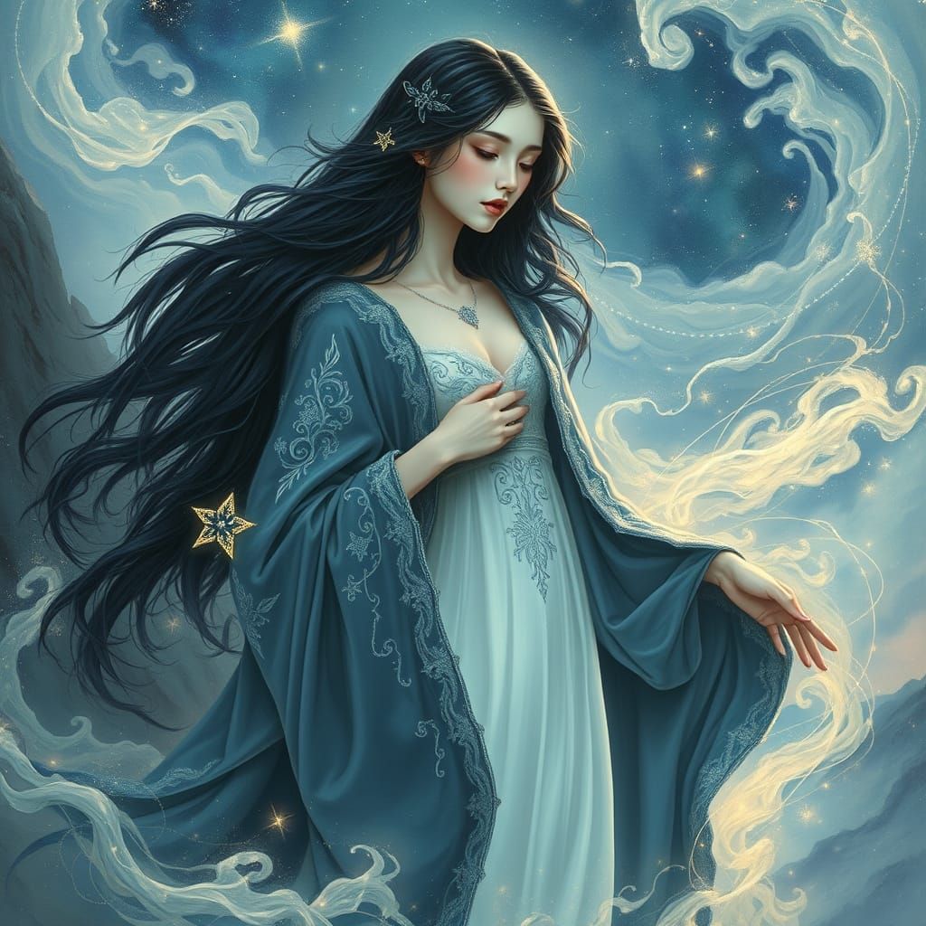Supernatural Goddess in Velvet Cloak Amidst Liquid Starlight